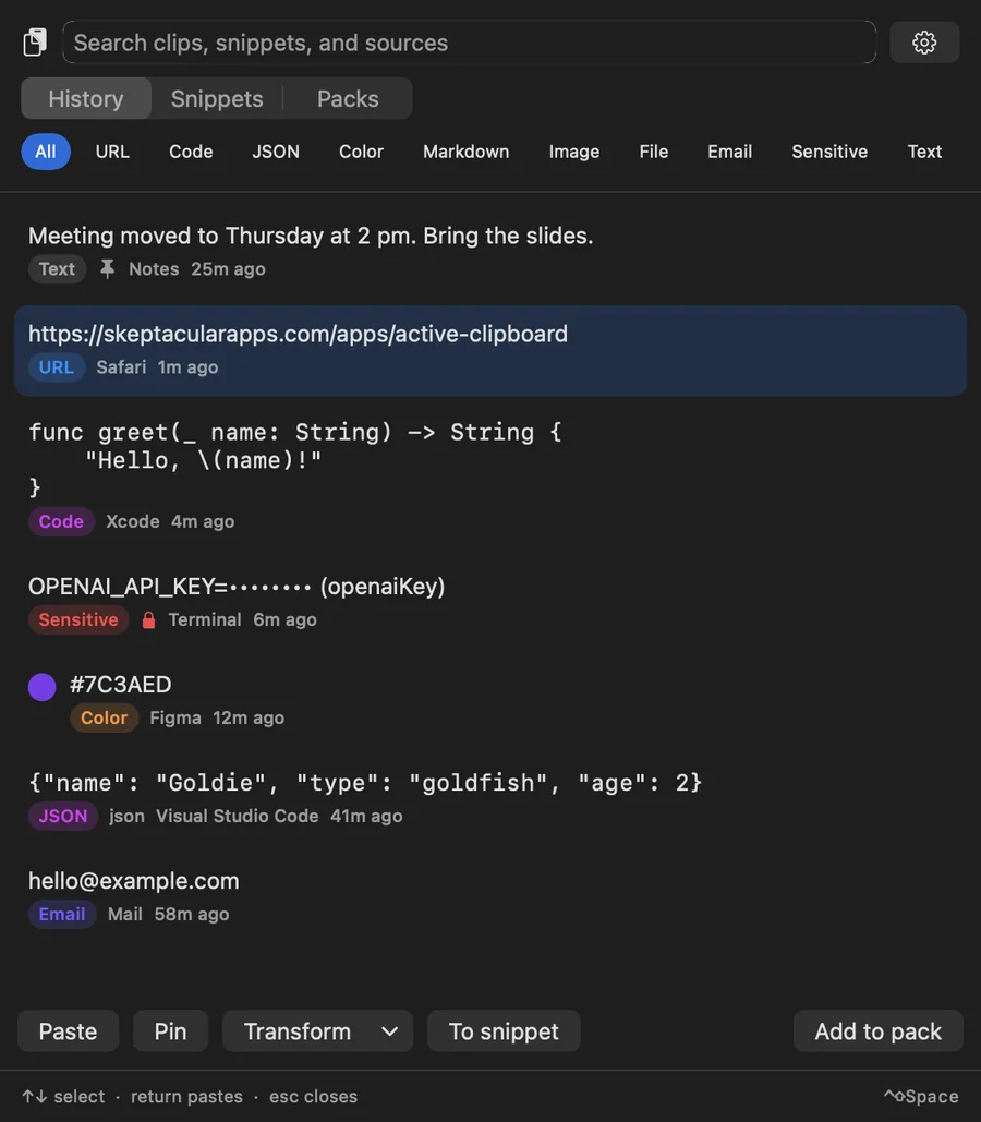Active Clipboard showing recent copies: a link, code, a color, and an API key that is hidden with dots.