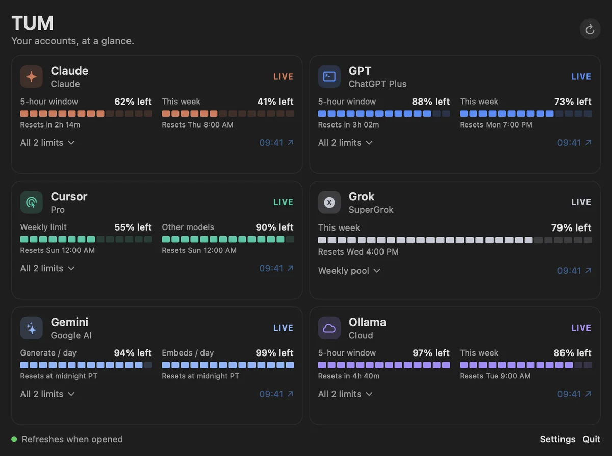 Token Usage Monitor showing six AI services, each with a meter of how much is left.
